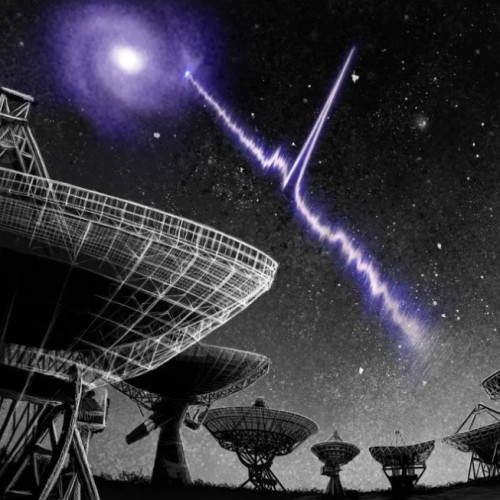 A picture of the night sky showing a number of radio dishes pointed up at the night sky obsering a burst of radio waves coming from a bright dot located in a large purple galaxy.