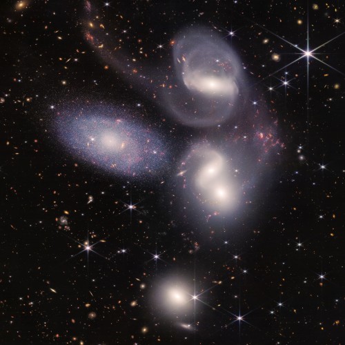 A picture of Stephan's Quintet from NASA's James Webb Space Telescope, which contains five galaxies interacting with each other.