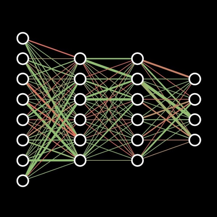 A picture of a fully-connected neural network, with neurons represented by circles and connections represented by overlapping lines.